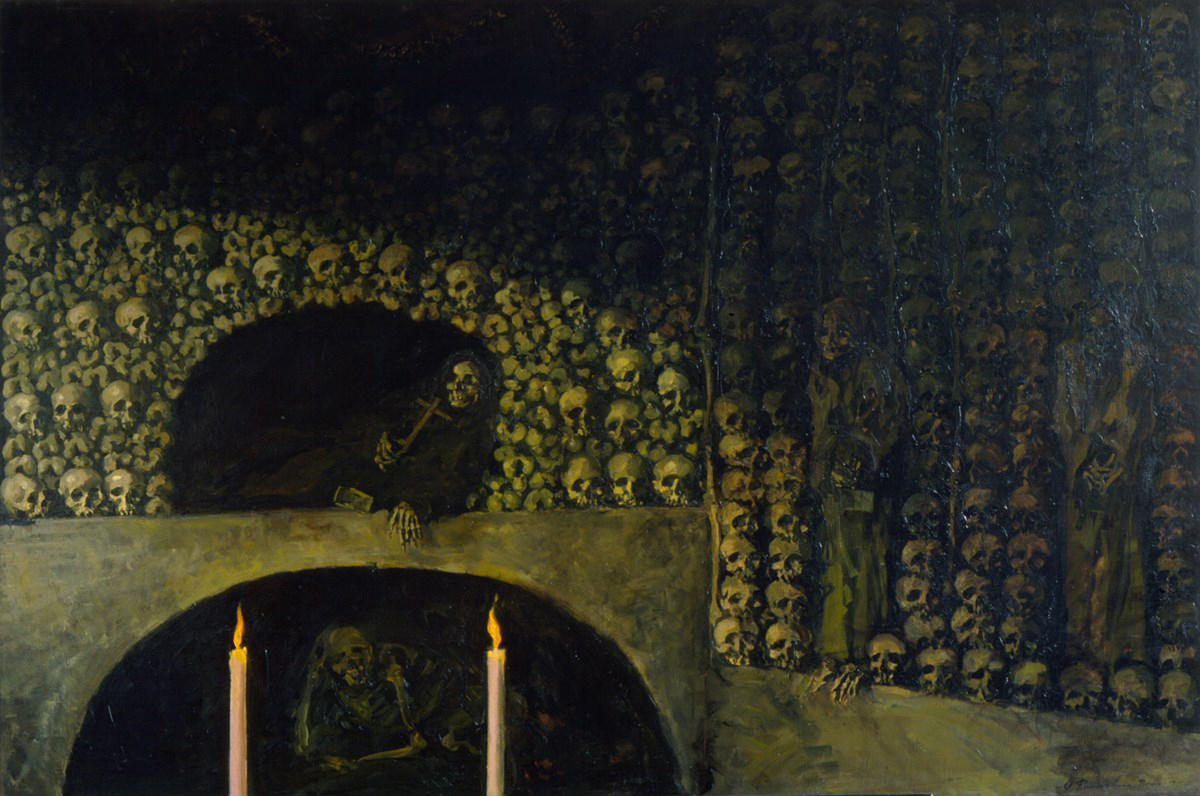 Oscar Parviaisen maalaus Kapusiinimunkkien hautakammio, jossa on pääkalloista tehty seinä ja luurankoja.